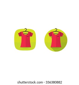 Clothing icon set circle with long shadow style design, woman fashion shopping elements ribbon template, flat vector accessories apparel symbol application button. Beauty kids t-shirt top blouse logo