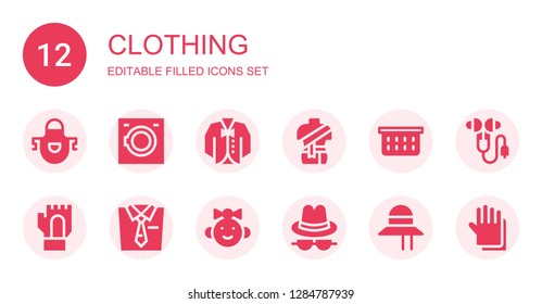 clothing icon set. Collection of 12 filled clothing icons included Apron, Washing machine, Vest, Clothes, Laundry basket, Gloves, Tie, Baby girl, Hat, Pamela, Ear protection