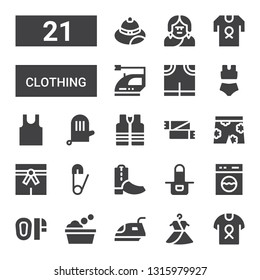 clothing icon set. Collection of 21 filled clothing icons included Shirt, Dress, Iron, Washing, Mittens, Washing machine, Apron, Boots, Safety pin, Martial arts, Short, Scarf