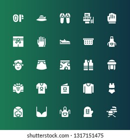 clothing icon set. Collection of 25 filled clothing icons included Iron, Mitten, Apron, Bikini, Arab, Shirt, Baby book, Dress, Turban, Vest, Short, Skirt, Militar, Laundry basket