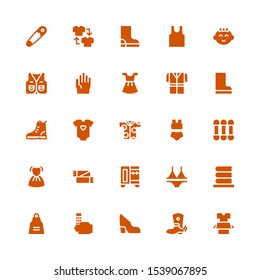 clothing icon set. Collection of 25 filled clothing icons included Clothes, Boot, Shoe, Wash, Apron, Washing, Bikini, Wardrobe, Scarf, Dress, Cottons, Shirt, Baby clothes, Boots