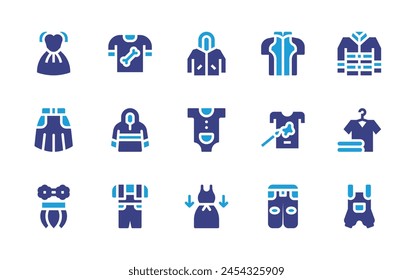 Clothing icon set. Duotone color. Vector illustration. Containing hanger, jacket, baby clothing, tshirt, pet, clothes, baby body, raincoat, skirt, tropical, dungarees, dress.