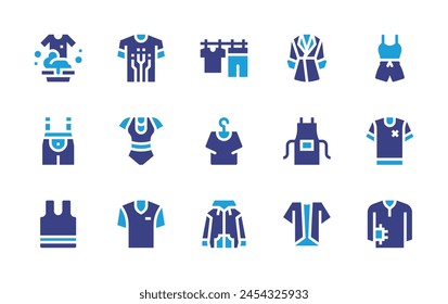 Clothing icon set. Duotone color. Vector illustration. Containing clothes, shirt, tshirt, smart clothing, baby clothes, dry, apron, t shirt, trench coat, hoodie, sleeveless.