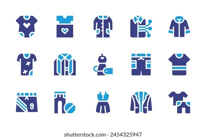 Clothing icon set. Duotone color. Vector illustration. Containing winter jacket, tshirt, clothes, baby clothes, dirty clothes, no clothes, smart clothing, shorts, smock, blazer, dress.