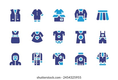 Clothing icon set. Duotone color. Vector illustration. Containing skirt, clothes, holi, baby dress, ppe, turtleneck, body, pijama, sweatshirt, trench coat, vest, jumpsuit.