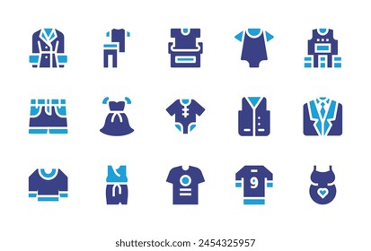 Clothing icon set. Duotone color. Vector illustration. Containing pregnancy, life vest, suit, t shirt, clothing, clothes, baby clothes, donation, dress, shorts, trench coat, pullover.