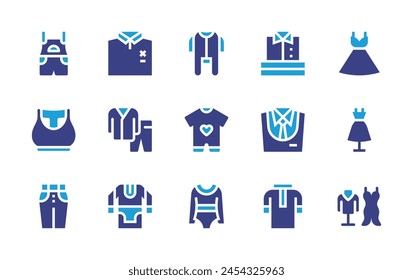 Clothing icon set. Duotone color. Vector illustration. Containing dress, shirt, fashion, pyjamas, clothes, baby clothes, uniform, gymnast, overall, bra, jeans, tunic.