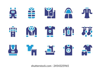 Clothing icon set. Duotone color. Vector illustration. Containing ppe, sport wear, hang out, clothes, smart clothing, baby clothes, sport bra, cloak, overall, leather jacket, racing, vest.