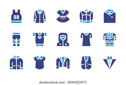 Clothing icon set. Duotone color. Vector illustration. Containing suit, clothing, shirt, baby clothing, baby clothes, baby dress, t shirt, coat, vest, doctor, leggins, tank top, jacket.