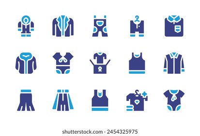 Clothing icon set. Duotone color. Vector illustration. Containing babies, shirt, baby dress, clothes, clean clothes, overalls, tank top, fur, jacket, pants, skirt.