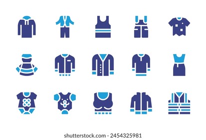 Clothing icon set. Duotone color. Vector illustration. Containing tshirt, dress, suit, vest, jacket, baby clothes, clothes, jumpsuit, tank top, top, cardigan, baby body, hoodie.