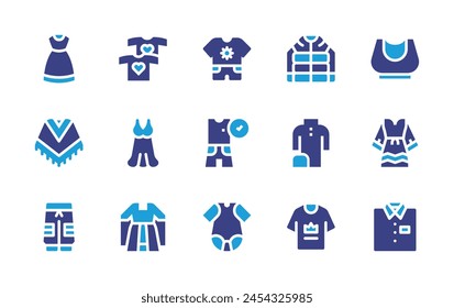 Clothing icon set. Duotone color. Vector illustration. Containing dress, top, shirt, oversize, tshirt, baby clothes, fresh clothes, clothes, jacket, poncho, nightgown, pants, gown.