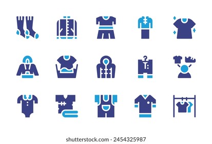 Clothing icon set. Duotone color. Vector illustration. Containing tshirt, choice, hand washing, t shirt, clothe, baby clothes, clothes, winter clothes, clothing, body, socks, hoodie, bodysuit, jacket.