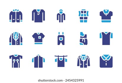 Clothing icon set. Duotone color. Vector illustration. Containing shirt, polo shirt, t shirt, long sleeve, clothes, smart clothing, overalls, laundry, raincoat, coat, blazer, pijama, jacket.