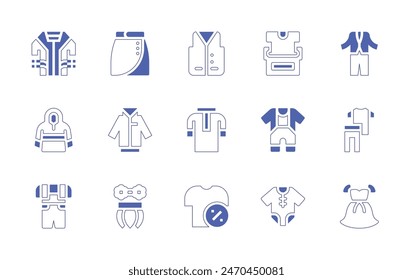 Clothing icon set. Duotone style line stroke and bold. Vector illustration. Containing suit, clothing, clothes, smart clothing, baby clothes, baby dress, donation, tropical, dungarees, dress.