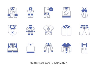 Clothing icon set. Duotone style line stroke and bold. Vector illustration. Containing shirt, safety suit, clothes, fresh clothes, baby clothes, jacket, baby bib, tank top, top, shorts, trench coat.