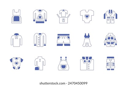 Clothing icon set. Duotone style line stroke and bold. Vector illustration. Containing clothes, baby clothes, overall, shorts, pijama, cardigan, hoodie, nightgown, pants, jacket.