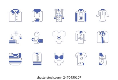 Clothing icon set. Duotone style line stroke and bold. Vector illustration. Containing baby clothes, clothes, bikini, dirty clothes, baby bib, shirt, hoodie, trench coat.