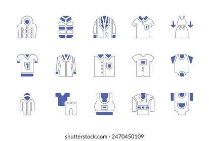 Clothing icon set. Duotone style line stroke and bold. Vector illustration. Containing ppe, shirt, baby clothes, winter clothes, clothes, sport clothes, body, sport bra, polo shirt, raincoat.