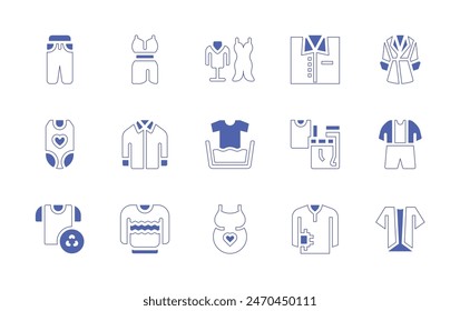 Clothing icon set. Duotone style line stroke and bold. Vector illustration. Containing recycling, shirt, laundry, fashion, jeans, pregnancy, bodysuit, clothes, sweater, dress, trench coat, jumpsuit.