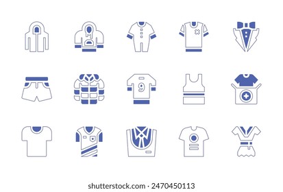 Clothing icon set. Duotone style line stroke and bold. Vector illustration. Containing tshirt, shorts, clothes, t shirt, baby clothes, clothing, tank top, uniform, tuxedo, jacket, hoodie.