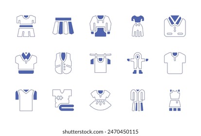 Clothing icon set. Duotone style line stroke and bold. Vector illustration. Containing skirt, polo shirt, shirt, dress, t shirt, ppe, clothes, laundry, baby dress, body, uniform, sweatshirt, vest.