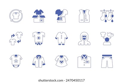 Clothing icon set. Duotone style line stroke and bold. Vector illustration. Containing clothes, choice, winter jacket, hang out, trousers, baby clothes, arrows, baby dress, ppe, body, toga, shirt.