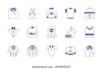 Clothing icon set. Duotone style line stroke and bold. Vector illustration. Containing suit, hanger, hand washing, t shirt, shirt, recycle, tshirt, clothes, turtleneck, lab coat, jacket, bodysuit.