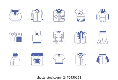 Clothing icon set. Duotone style line stroke and bold. Vector illustration. Containing clothing store, shirt, tshirt, sweater, baby dress, clothes, dry, jacket, bra, pants, mini skirt, dress.