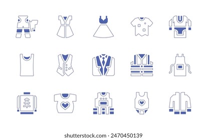 Clothing icon set. Duotone style line stroke and bold. Vector illustration. Containing dress, tshirt, life vest, vest, suit, baby clothes, outfit, jacket, singlet, apron, t shirt, sweater, tunic.