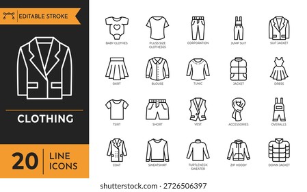 Conjunto de iconos de ropa. Trazo editable. Ilustración vectorial	
