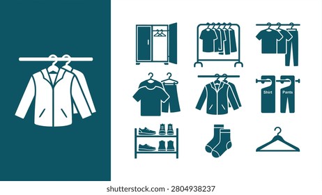 Clothing Icon Set: jackets, shirts, pants, socks, shoes, hangers and shelves. Vector wardrobe icons for UI design, apps, websites, and branding. Flat vector EPS 10.