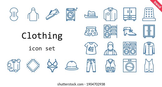 clothing icon set. line icon style. clothing related icons such as washing machine, pants, compress, thimble, vest, closet, priest, jacket, apron, shoes, jeans, patch, shirt, bikini, tshirt, hat, shoe