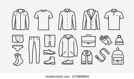 Clothing icon set in linear style. Fashion, shopping vector illustration