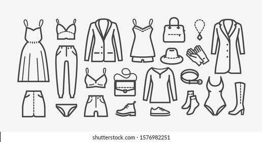 Clothing icon set in linear style. Shopping, fashion vector illustration