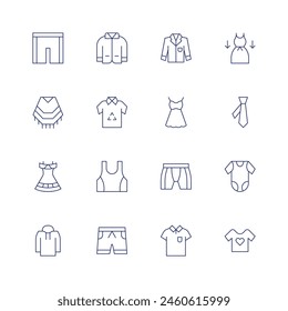 Clothing icon set. Thin line icon. Editable stroke. Containing dress, poncho, short, pijama, recycling, pijamas, pajamas, clothes, babyclothes, tie.