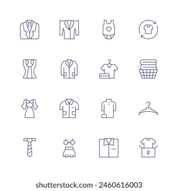 Clothing icon set. Thin line icon. Editable stroke. Containing tanktop, suit, dress, poloshirt, jacket, labcoat, hanger, babyclothes, clothes.