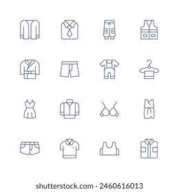 Clothing icon set. Thin line icon. Editable stroke. Containing dress, cardigan, coat, shirt, jacket, underpants, pants, bra, babydress, clothes, clotheshanger, vest.