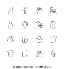 Clothing icon set. Thin line icon. Editable stroke. Containing dress, tanktop, jacket, vest, pants, clothes, smartclothing, clothing, clothesline, tshirt.