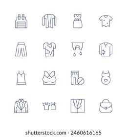 Clothing icon set. Thin line icon. Editable stroke. Containing nightgown, apron, pants, tshirt, sportbra, cardigan, noclothes, clothes, pregnancy, shirt.