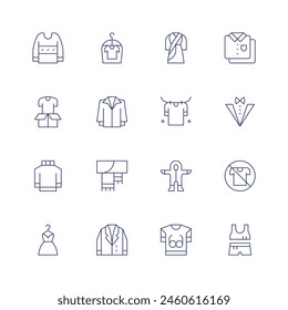 Clothing icon set. Thin line icon. Editable stroke. Containing sweater, charity, drycleaning, jacket, scarf, clothes, ppe, traditionaldress, noclothes, suit.