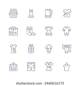 Clothing icon set. Thin line icon. Editable stroke. Containing laundrybasket, toga, policeuniform, vest, nightgown, wintersocks, clothes, clothing, tshirt, cloth.