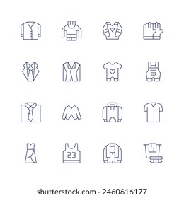 Clothing icon set. Thin line icon. Editable stroke. Containing dresscode, cardigan, suit, sweater, clothes, babyclothes, uniform, overall, gloves.