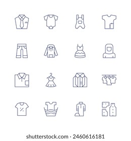 Conjunto de iconos de ropa. Icono de línea fina. Trazo editable. Conteniendo pantalones, camisa, traje, sudadera con capucha, vestido, cuerpo de bebé, ropa, ropa de bebé, camiseta, colgador de ropa.