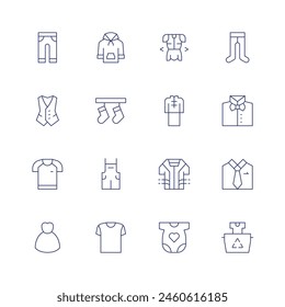 Clothing icon set. Thin line icon. Editable stroke. Containing pants, vest, shirt, overalls, hoodie, socks, clothes, smartclothing, clothing, suit, leotard, bowtie.