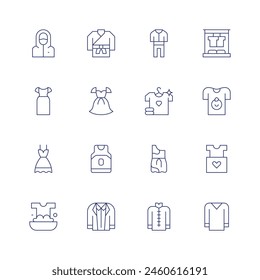 Clothing icon set. Thin line icon. Editable stroke. Containing dress, judo, jersey, clothes, cleanclothes, tshirt, clothesshop, hazmat.