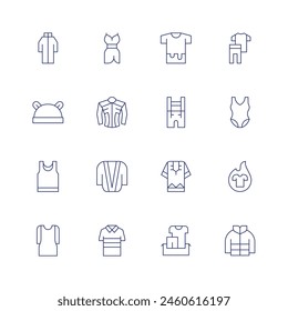 Clothing icon set. Thin line icon. Editable stroke. Containing hazmat, babyhat, sleeveless, cardigan, racesuit, dress, clothes, clothing, swimsuit, trend.