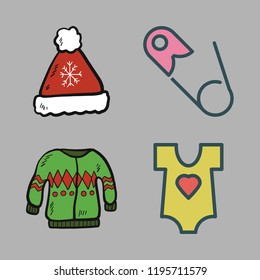 clothing icon set. vector set about baby clothes, winter hat, sweater and safety pin icons set.