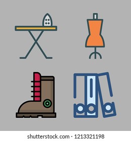 clothing icon set. vector set about binder, mannequin, boots and iron board icons set.