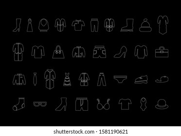 Clothing icon set. Vector contour black and white illustration.
